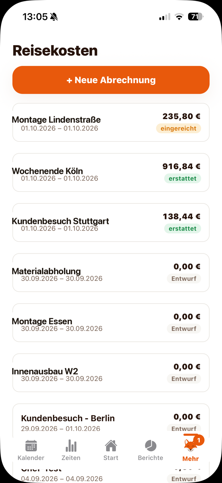 Reisekosten-Abrechnungen mit Beträgen und Status